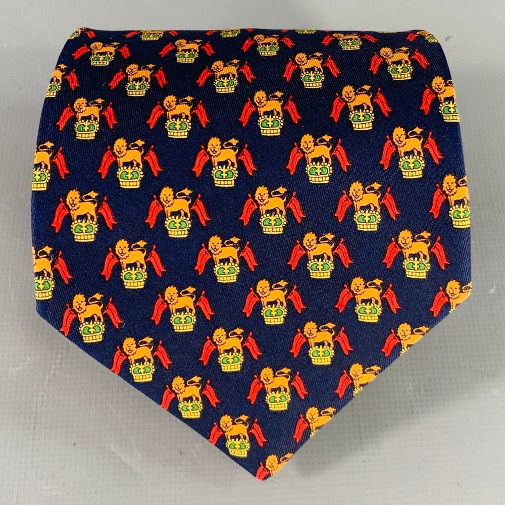 SALVATORE FERRAGAMO Navy Red Orange Lion Crest Silk Tie